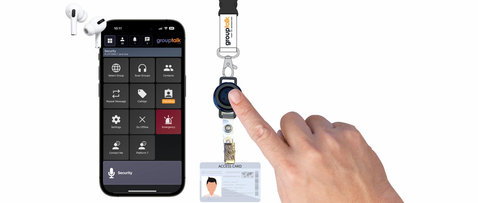 walkie talkie app with push to talk button attached on ID card
