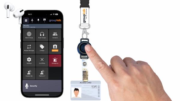 walkie talkie app with push to talk button attached on ID card