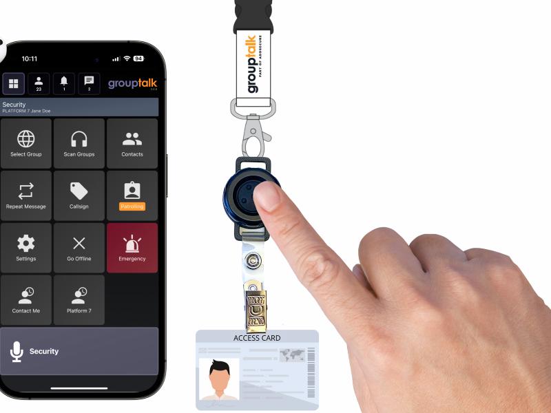 walkie talkie app with push to talk button attached on ID card