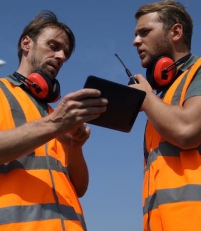 Two guys work at an airport and hold a tablet and a two way radio while talking to each other.