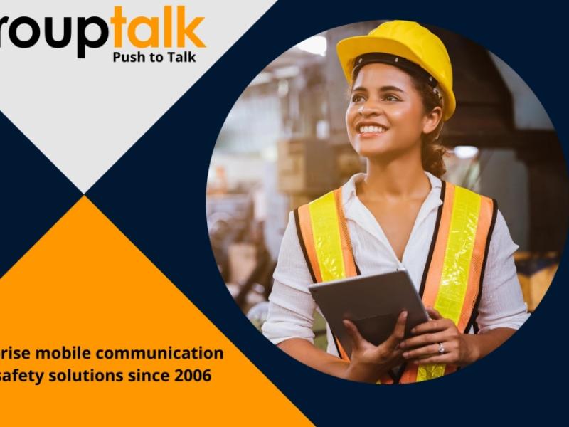 A woman in industry with a toad and a fireman with a push to talk two way radio. The text Business solutions for mobile communication and security since 2006