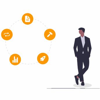 Illustration of a man next to five circles featuring work icons, representing job roles and responsibilities.