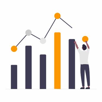 Illustration showing cost reduction through a more affordable solution, with a man and downward-trending bar charts.