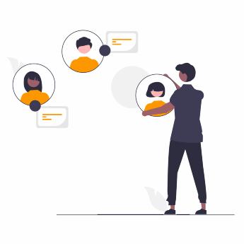 Animated boy with his work team on digital screens