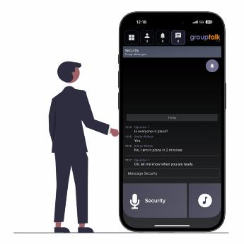 Animated boy standing beside a big iPhone with the GroupTalk app online