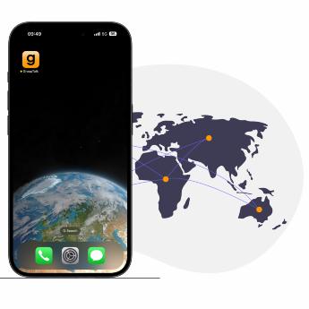 An iPhone with GroupTalk app on main screen beside a map of the world