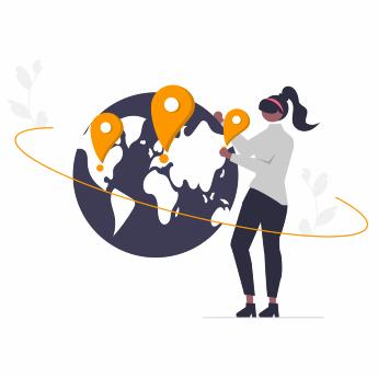Illustration of a woman standing next to a globe, representing worldwide communication and international reach.