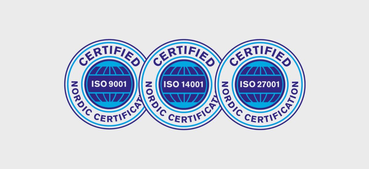 Three ISO certification icons ISO 9001, ISO 14001, and ISO 27001.