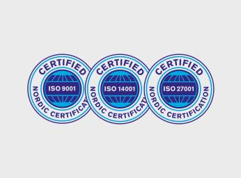 Three ISO certification icons ISO 9001, ISO 14001, and ISO 27001.