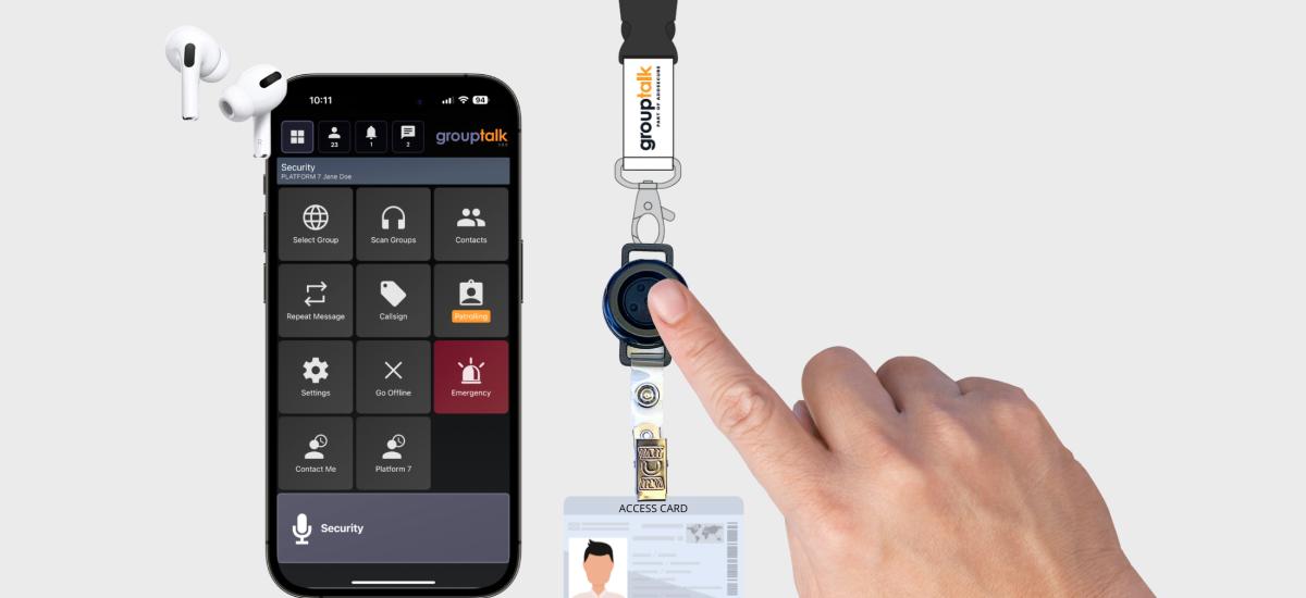 Lanyard with PTT button pressed by user to talk to colleagues.