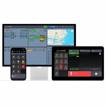 Grouptalk setup displaying an iPhone, iPad and PC side by side, illustrating multi-device connectivity.