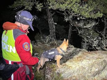 A male walking in the woods with a search dog.