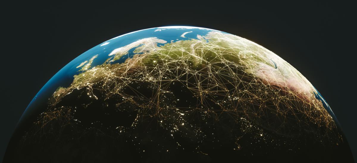 Global communication technology connected network around the earth from space