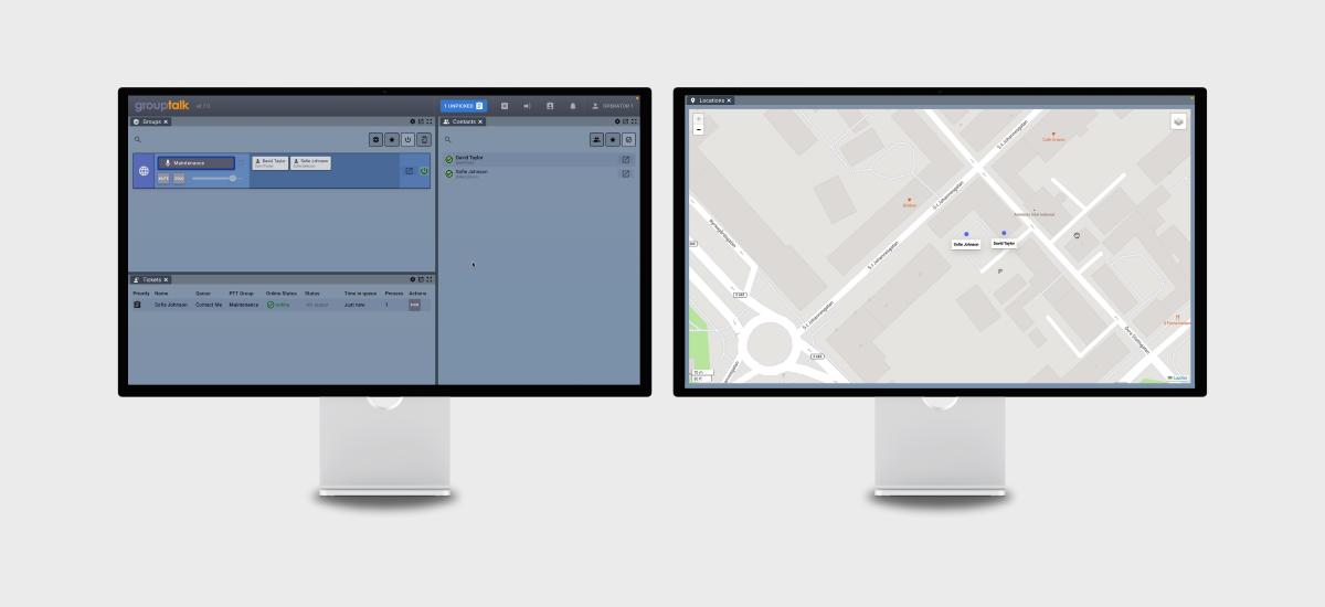 PC screens displaying command and control solution for team monitoring.