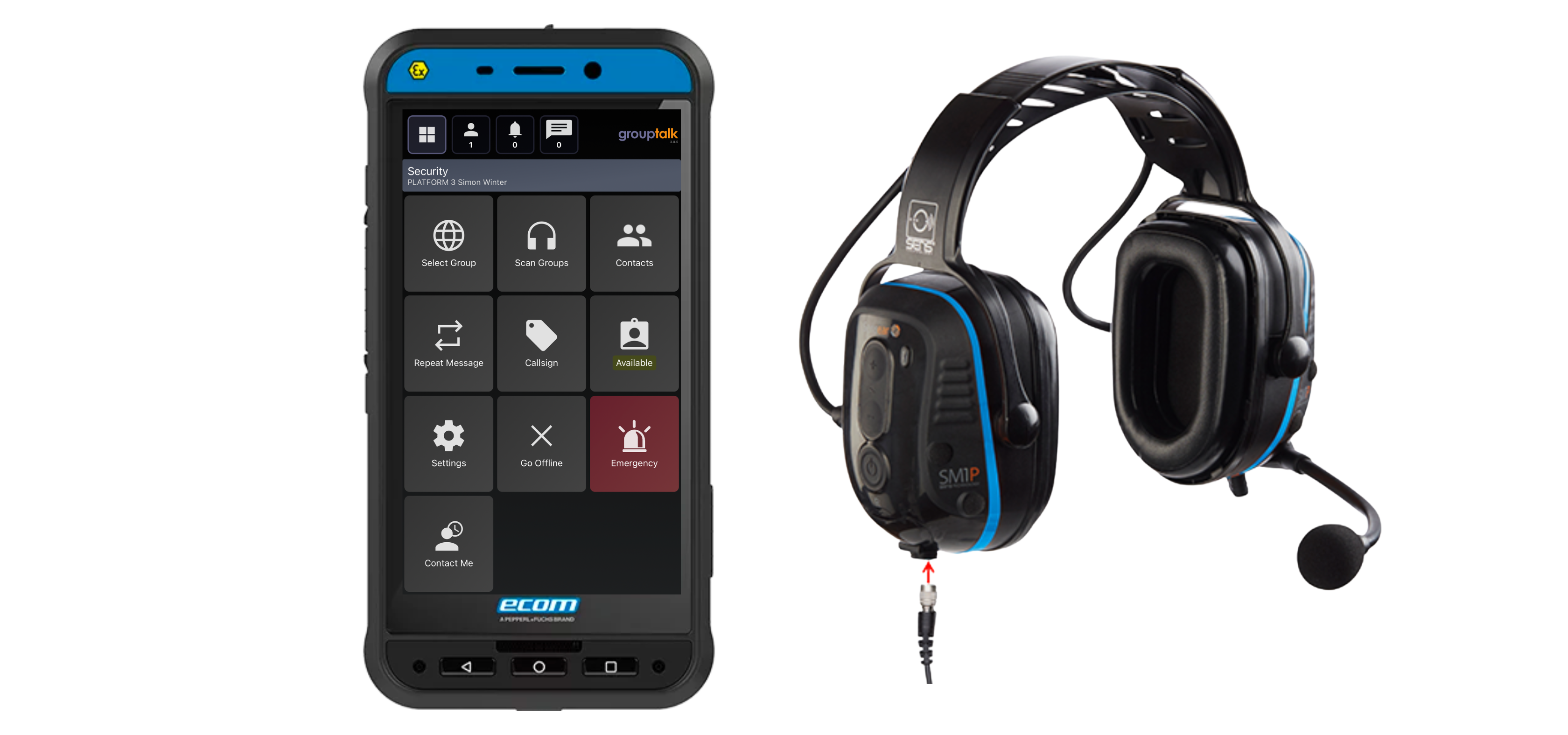 E-com Pepperl & Fuchs Smartphone ATEX EX02 with Sensear earmuffs with Push to Talk