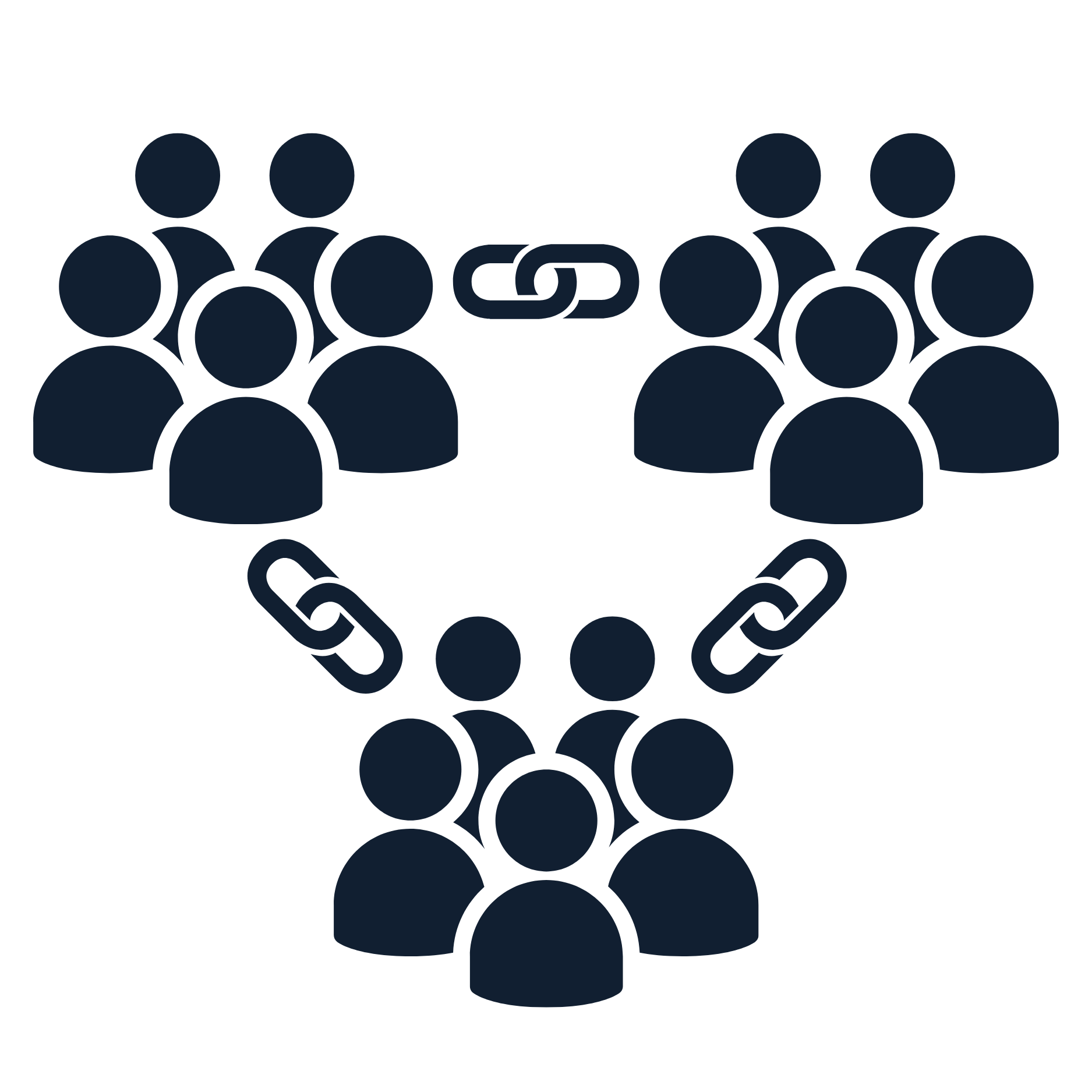 Icon of multiple people in connected groups representing team communication.