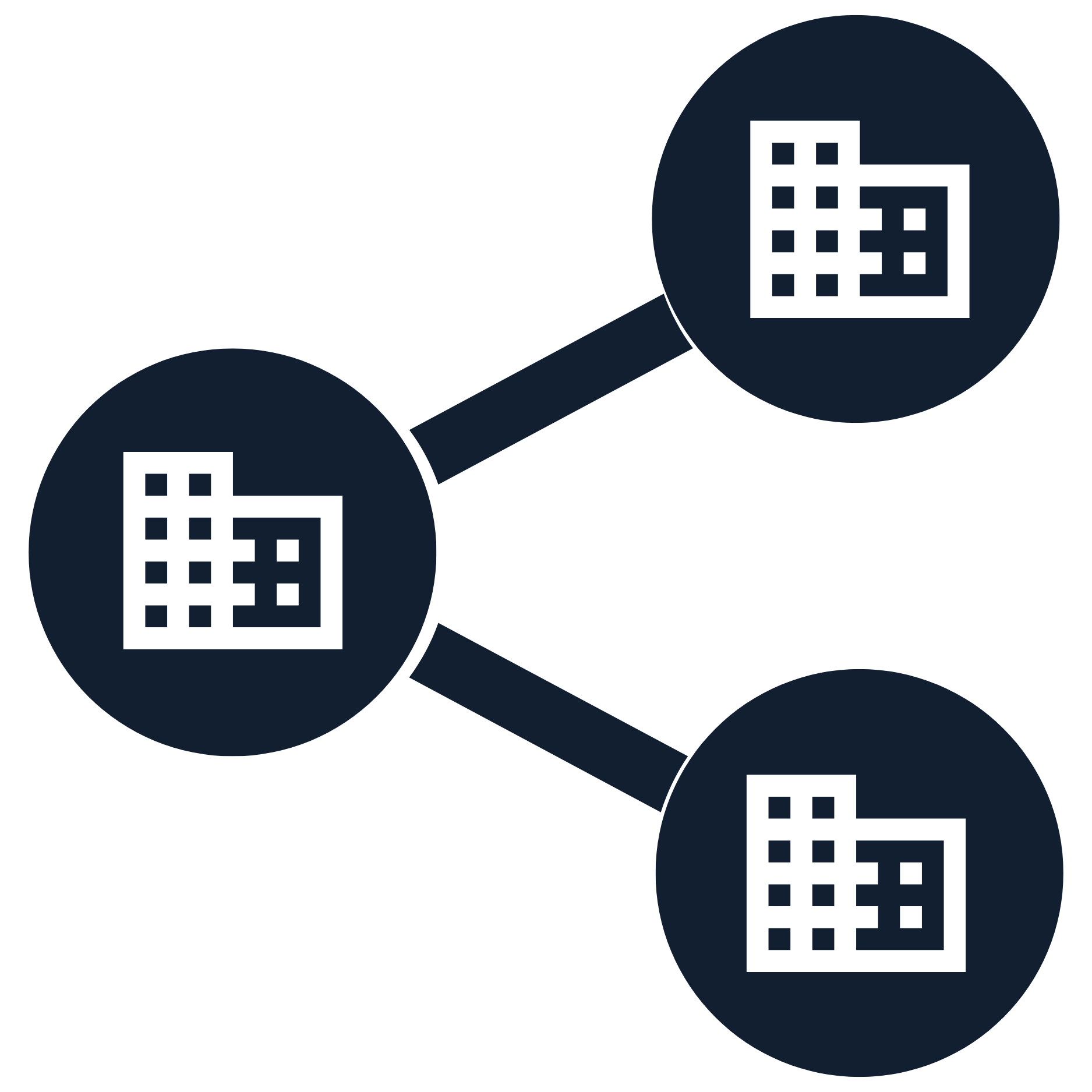 Icon depicting secure information sharing between three organizations, emphasizing collaboration and interoperability.