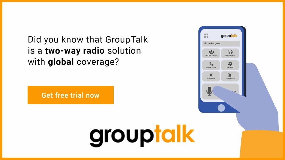 A blue smartphone with the GroupTalk app installed. A text with Global two way radio communication with one button get a free trial now