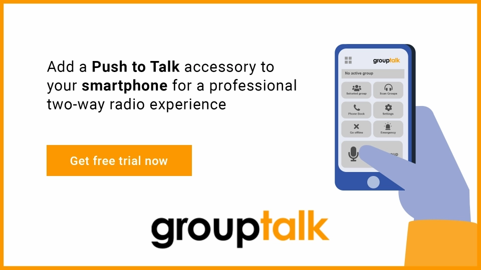 A Smartphone with the GroupTalk app with the text Push to Talk accessory for two way radio communication with your smartphone