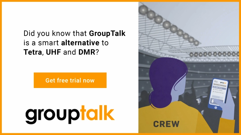 Security guard with the GroupTalk app with text about Tetra, UHF and DMR