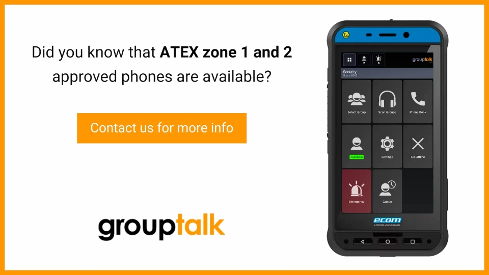 An ATEX zone one and two SmartEx 02 phone from ecom with the text did you know that ATEX zone 1 and 2 approved phones are available? A button with the text contact us for more info