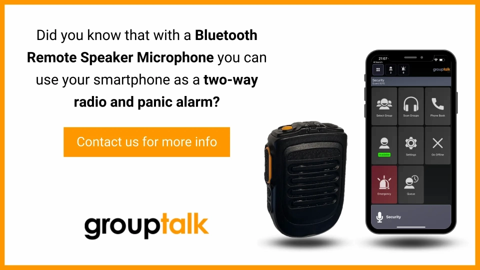 A bluetooth RSM and an iPhone with the GroupTalk app, text about panic alarms